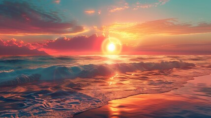 Vibrant sunset scene at the beach with a brilliant sun illuminating the sky Stunning landscape of...