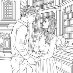 Vector illustration, young couple met in the library