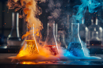 Three beakers of different colored liquids are sitting on a table with smoke coming out of them. The smoke is orange, blue, and red, creating a colorful and dynamic scene. Generative AI