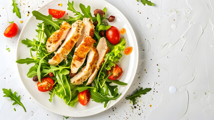 Chicken Salad with fresh vegetables and greens on white table Roasted Chicken Fillet green lettuce arugula tomatoes salad for healthy lunch banner copy space : Generative AI