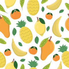 Seamless pattern or background with fruits - lemon, pineapple, tangerine, mango on a white background. Vector 