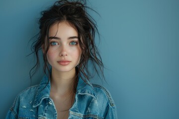 A fresh-faced young woman with captivating freckles and a soft gaze poses against a vivid blue background - obrazy, fototapety, plakaty