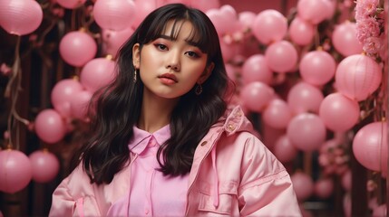 asian girl pink theme fashion generation-z influencer posing for ad product promotion from Generative AI