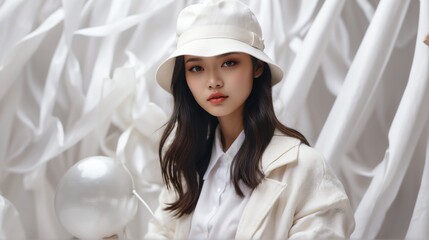 asian girl white theme fashion generation-z influencer posing for ad product promotion from Generative AI