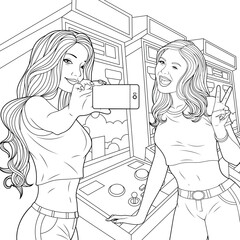 Vector illustration, two girls take a selfie on the background of slot machines