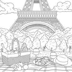 Vector illustration, picnic at the Eiffel tower in the park