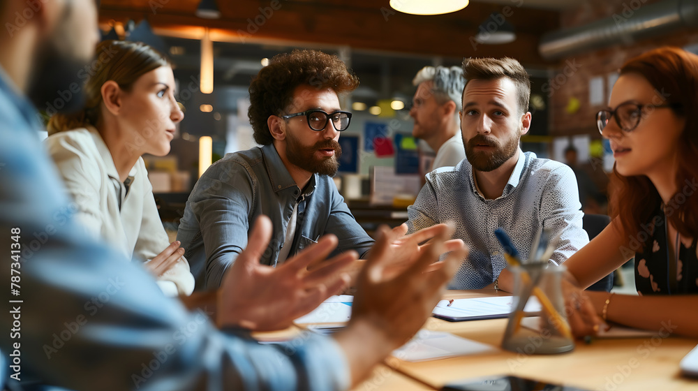 Poster Professional project managers group negotiating in boardroom at meeting Boss discussing with creative team the concept of business strategy in their project Fun at work Copy space : Generative AI