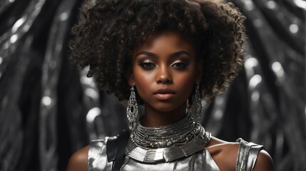 black african girl silver theme fashion generation-z influencer posing for ad product promotion from Generative AI