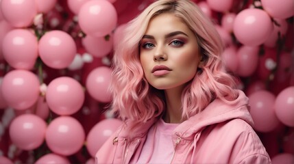 Fototapeta na wymiar caucasian girl pink theme fashion generation-z influencer posing for ad product promotion from Generative AI