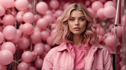 Obraz na płótnie Canvas caucasian girl pink theme fashion generation-z influencer posing for ad product promotion from Generative AI