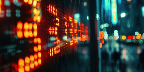 A close-up of a stock market ticker displaying rising stock prices and investment values. 