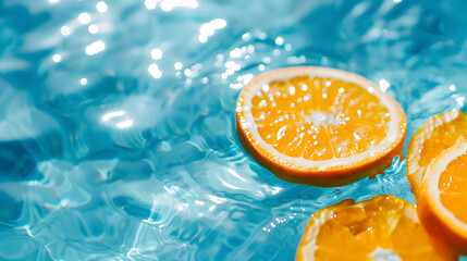Creative summer background with orange fruit slices in swimming pool water Summer wallpaper with...