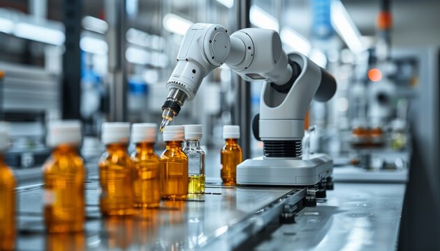 A robot is working on a line of orange bottles by AI generated image