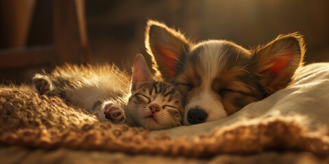 A kitten and puppy nap closely, showing a heartwarming bond and comfort in their sleep - obrazy, fototapety, plakaty