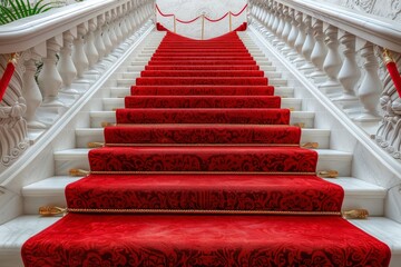 This image captures the elegance of an ornately detailed staircase adorned with a vibrant red patterned carpet, embodying luxury