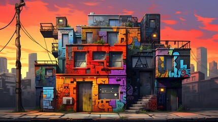 an image of a house that serves as a canvas for AI-generated street artists, resulting in a vibrant...