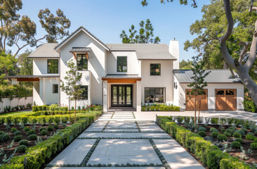 Fototapeta na wymiar A white craftsman style home with large windows and black trim. An extra wide driveway in front of the house has concrete pavers with green grass between them and square ornamental hedges