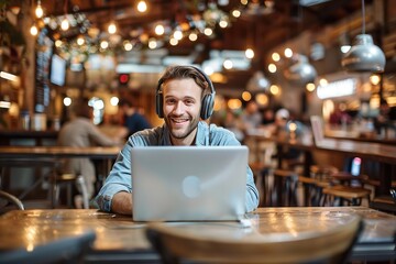 a cheerful young man wearing headphones with a laptop in a bustling modern co-working space