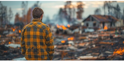 man looking at home town burning by wildfire with flame black cloud and smoke, climate change crisis and extreme weather concept, Generative Ai