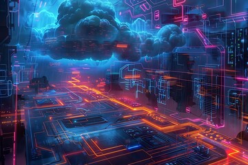 an advanced cloud computing concept, where the cloud is stylized as a floating