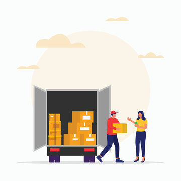 Delivery man handling parcel package box to customer flat illustration