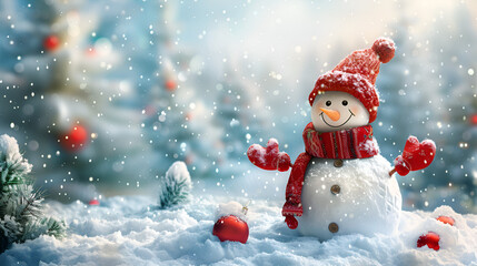 Naklejka na ściany i meble Realistic snowman smiling standing in the snow, generative Ai