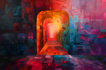 A colorful tunnel with a red archway. The tunnel is filled with different colors and patterns, creating a sense of depth and movement. The archway is the focal point of the tunnel. Generative AI