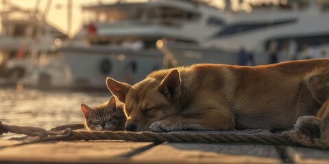 A heartwarming scene of a dog and cat napping peacefully together on a rope by the marina