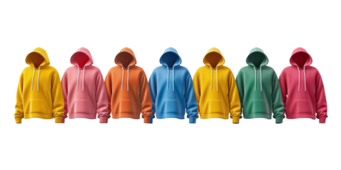 Cut out colourful casual hoodies in a row on transparent background. 