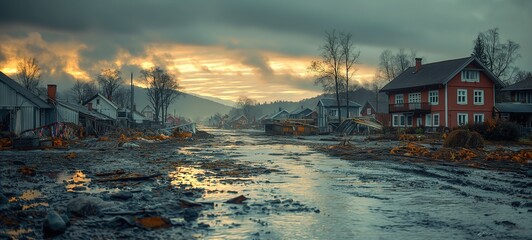 town coved with mud after big rain and floods, climate change crisis and extreme weather concept, Generative Ai