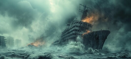 big ship sinking during storm rage, climate change crisis and extreme weather concept, Generative Ai