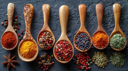 Harmonious Shot  Genre Spices  Emotion Aromatic  Scene A selection of spices in wooden spoons on a rustic table  