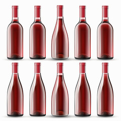 Set of red coloured wine bottles without labels on the white background. 