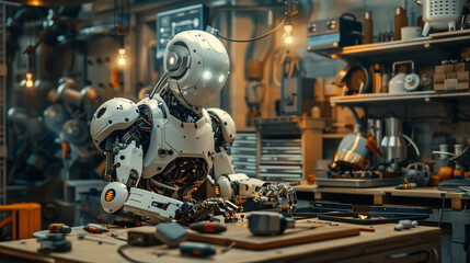 Robot working in a craftsman's workshop - 787344112