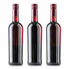 Three red wine bottles without labels on the white background.