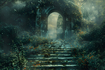 A dark forest with a stone archway leading to a mysterious place. The archway is covered in vines and leaves, giving it an eerie and mysterious appearance. Generative AI - obrazy, fototapety, plakaty