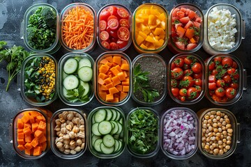 Wholesome Shot  Genre Health Meals  Emotion Nutritious  Scene A healthy meal prep spread for a busy week  Composition Flat lay  Lighting Bright clean  Time Daytime  Location Type Home kitchen
