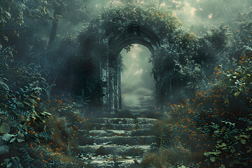 A dark forest with a stone archway leading to a mysterious place. The archway is covered in vines and leaves, giving it an eerie and mysterious appearance. Generative AI - obrazy, fototapety, plakaty