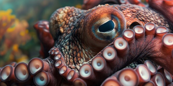 This stunning image captures the detailed texture of an octopus up close, with a vivid look at its unique eye and suction cups