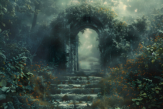 A dark forest with a stone archway leading to a mysterious place. The archway is covered in vines and leaves, giving it an eerie and mysterious appearance. Generative AI