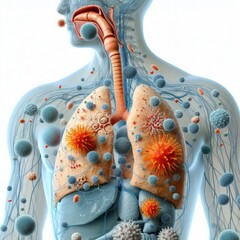 An illustration of the human respiratory system with cells on a white background, art, design, wallpaper, background, Generative Ai. - obrazy, fototapety, plakaty