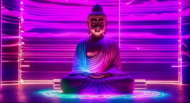 Glowing Buddha Background: Neon Lines Creating a Sparkling and Meditative Aura Around the Serene Figure.