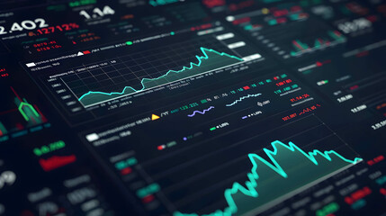 Financial data background or wallpaper. A real-time financial dashboard providing instant updates on market fluctuations and investment performance