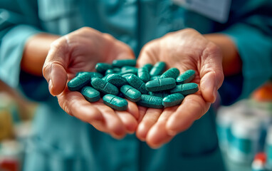 Green coloured medicines in hands closeup. Person showing medical pills.