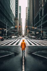 A woman in a red coat walks down a city street in the rain.
