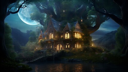 a digital artwork where a house transforms into an enchanted forest, with AI artists responsible...