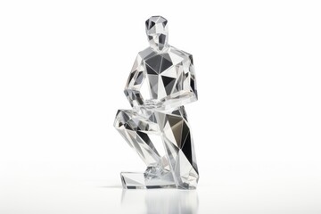 An isolated diamond statue which is designed like a muscular man, exhibiting in a white room in the...