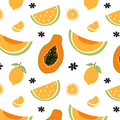 Summer fruit seamless pattern with papaya, yellow watermelon, melon, lemon and flowers on a white background. Vector illustration