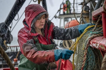 Women Trawler person, fishimg boat nets. food Industry sustainability