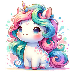 Cute unicorn, bright and soft watercolor style. Illustration on a transparent background.